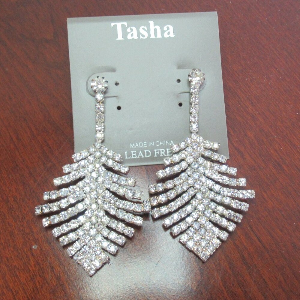 New TASHA Crystal Stones Silver Tone Pierced Dangle Earrings. New w Tags 2.50" L